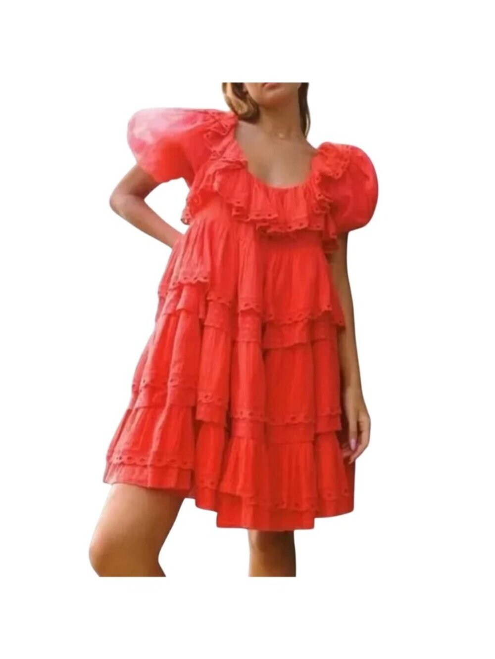INNIKA Organdy Puff Sleeve Scalloped Layer Mini Dress Poinciana Red NWT